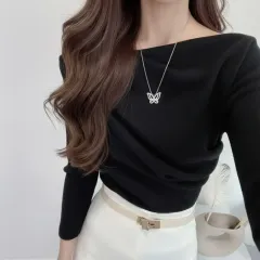 7分袖オフショルダー ドレープニットTシャツ (2color)