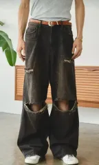 camphor wood ヴィンテージ加工 ダメージ ブラックデニム パンツ m HANABIマーケット