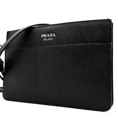 極美品 PRADA プラダ サフィアーノ レザー ショルダーバッグ ブラック 黒 シルバー金具 斜め掛け クロスボディ サコッシュ ポーチ スマホショルダー メンズ レディース ユニセックス 薄マチ 鞄 20代 30代 40代 50代 おしゃれ 定番
