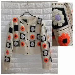 オーバーサイズ 花 モチーフ クロシェ 編み カーディガン