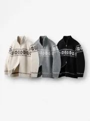 メンズ オーバーサイズ ノルディック ジップアップ ニット