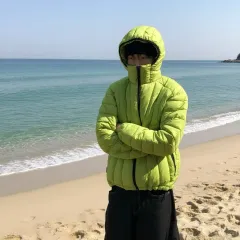 カラー フード ダウン 軽量 ジップアップ ショート クロップド メンズ