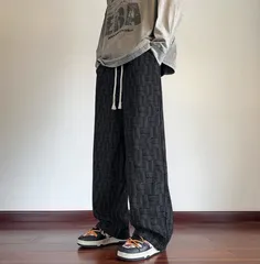 メンズ チェック ワイドレッグパンツ 幾何学柄 ドローストリングウエスト 日本ストリート ルーズストレート カジュアルトラウザー