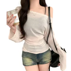 [AQUA Marine] レディース ワンショルダー シャツ タイトシルエット シースルーデザイン 長袖 バックリボン 薄手 シースルー カットソー 肩出し 韓国ファッション カジュアル デート 通勤 (JP, アルファベ [アプリコット] [M] [標準]