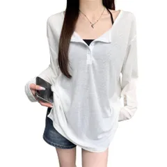 [AQUA Marine] レディース ヘンリーネックシャツ オーバーサイズ ワッフル 長袖 ポロ リブカットソー 薄手生地 韓国ファッション ゆったり 無地 レイヤード カジュアル 通勤 通学 かわいい (JP, アルファベッ [ホワイト] [S] [標準]