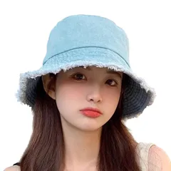 [SLOW＆MELLOW] バケットハット デニム カットオフ ダメージ 加工 レディース バケハ 帽子 小顔効果 カジュアル 韓国 フリンジ 日除け アウトドア 4カラー (ライトブルー) [ライトブルー]