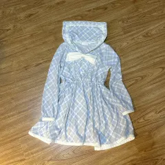 ヴィンテージ リズリサ スカイブルー チェック ラテ リボン セーラー ONE PIECE 姫ギャル アイレット