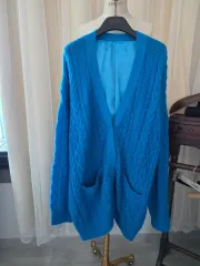 ケーブル編み 青 ロング ルーズフィット オープン カーディガン