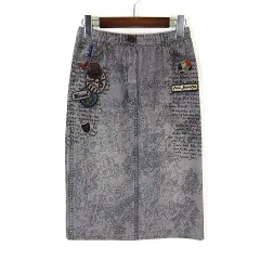 ジェルべ GERVE スカート タイト ブリーチ デニム風 花柄 英字 ワッペン イラスト ミディ丈 ストレッチ M 38 グレー マルチカラー