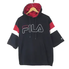 フィラ FILA スウェット パーカー 配色 ビッグ ロゴ フード 5分袖 半袖 M 紺 ネイビー ホワイト レッド