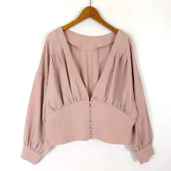 ミスティック mystic 前釦 ギャザー シャツ ブラウス 前後 2way Vネック タック クロップド ボリューム袖 長袖 M くすみピンク