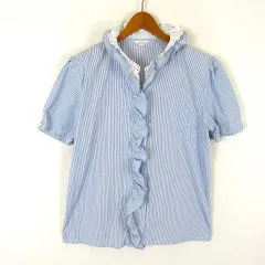 SUCCESS サクセス ブラウス シャツ ストライプ フリル襟 カットワーク 花柄 レース スカラップ 比翼ボタン コットン パフスリーブ パール装飾 半袖 M 9 水色 オフ白