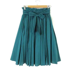 マジェスティックレゴン MAJESTIC LEGON スカート フレア ギャザー ボリューム ミモレ丈 ウエストリボン コットン M 青緑 ブルーグリーン