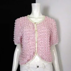 カーディガン カットソー ポップコーン チェック ケーブル編み ニット 配色 切替 装飾ボタン ギャザー 半袖 M ピンク マルチカラー 美品