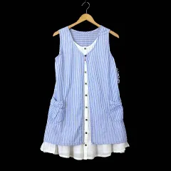 コケットコレクション COKETT COLLECTION チュニック ブラウス ノースリーブ レイヤード コットン M-L 水色 ライトブルー 白 ホワイト タグ付 美品