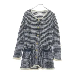 NO BRAND (ノーブランド) NATURAL BEAUTY BASIC ボーダー総柄 クルーネック 長袖ニット カーディガン ネイビー レディース S