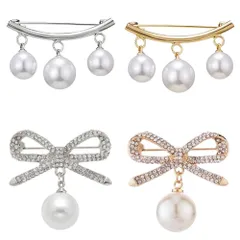 4ピース ブローチピン 襟ピン 人工パール ブローチ ちょう結びパールペンダントブ シンプルカーブパールペンダント レディース アクセサリー 合金 安全ピン 滑り止めピン 卒業式 入学式 結婚式 人気