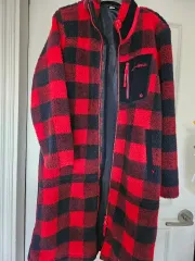 エディー・バウアー レッド ブラック CHECK Long フリース ジャケット