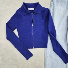 ブルー カラーネック ニット ジップアップ カーディガン