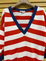 LACOSTE ラコステ レディース レッド ストライプ コットン ONE PIECE Vネックニットワンピース 38