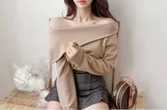 アシンメトリー ビック襟 オフショルダー ニット