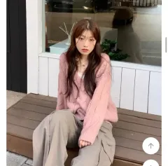 レディース 厚手 ケーブル編み ルーズフィット Vネック ウールニット ピンク