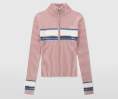 サンLOVE ピンク ストライプ ジップアップ ニット カーディガン