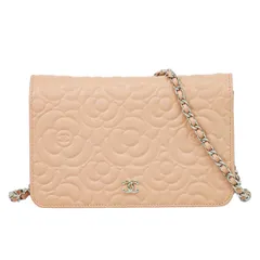 本物 シャネル CHANEL ココマーク カメリア チェーン ショルダーウォレット 長財布 レザー ピンク Camelia 財布 ウォレット 中古・