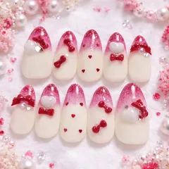 No.02 愛されリボンハートネイル♡ ネイルチップ グラデーションネイル リボン 赤 白 ホワイト レッド パール ハート ハートホロ y2k 量産型 韓国 ワンホン 大人可愛い キラキラ ちゅるん うるちゅる 綺麗