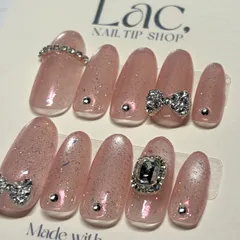 【現品限り】サイズ15459 ネイルチップ　ロング　ギャル　ピンク　平成　リボン　マグネット　フラッシュ　ピンク　キラキラ