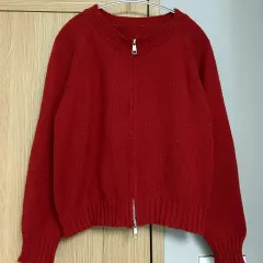 クリスマス デートコーデ 冬コーデ 赤 ニット ジップアップ FREE