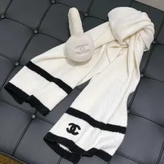 シャネル カシミア CC ロゴ ブラック LINE マフラー アイボリー