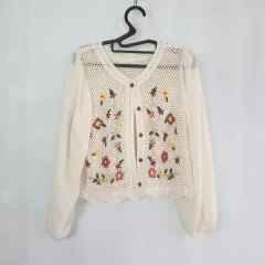 0472 アイボリー クロシェ 花刺繍 カーディガン シフォン袖 フリーサイズ