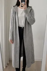 厚手グレー WHO フード ニット ロング カーディガン / レイヤード用