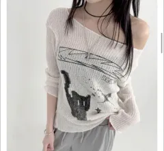 オフショルダー シースルー 秋 春 夏 長袖 ニット Tシャツ