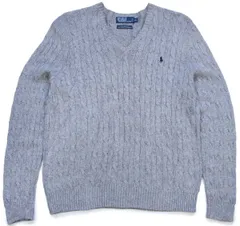 90s ポロ ラルフローレン ワンポイント Vネック ケーブル編み シルクニット セーター 杢グレー XL★オールド ロゴ刺繍 ビッグサイズ