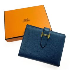HERMESレザー 二つ折り財布 青色 ゴールド金具aw - メルカリ