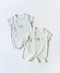 新品　mocmof　恐竜アップリケサマーロンパース　70㎝　ロンパース　半袖　夏物　グリーン　サックス　赤ちゃん　BABY　ベビー　ギフト　お祝い