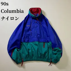 90s Columbia　ナイロン　ラグラン　マルチカラー　隠しフード　アノラックパーカー　コロンビア　ブルー　グリーン　M 古着