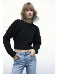 ザラ ZARA ブラック ショルダー ボリュームシャーリング クロップドニット クルーネック セーターs