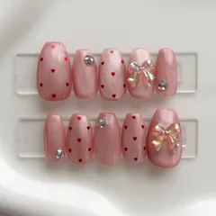 【現品販売】ネイルチップ　ショートバレリーナ　ピンク　マグネット　ワンホン　韓国