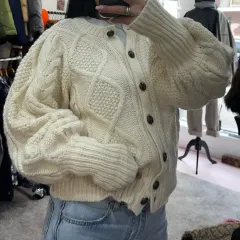 ヴィンテージ アイボリー ケーブル編み バルーン ニット カーディガン M-L