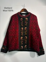 M シェットランド ウール 100% 刺繍 ノルディック ニット カーディガン M