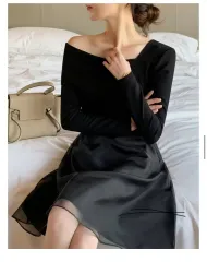 新品/ゲスト ドレス/オーガンザ バイカラー アシンメトリー オフショルダー ブラック ミニ ONE PIECE S