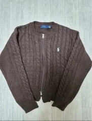 ポロ ブラウン ケーブル編み ニット ジップアップ