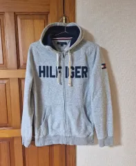 トミーヒルフィガー ユニセックス ロゴ 起毛 ジップアップパーカー グレー M