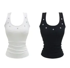 ably ジグザグ スリムフィット Uネック エンブロイダリー スタッズ トップス ノースリーブ