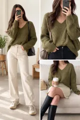 MANGO マンゴ 感性 カーキ ニット/ルーズフィット Vネック オーバーサイズ