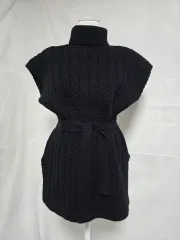 ブラック タートルネック ケーブル編み ニット ベスト ベルト セット レディース FREE 1223