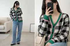 グリーンピンク バイカラー CHECK ニットカーディガン/ぽかぽか ルーズフィット
